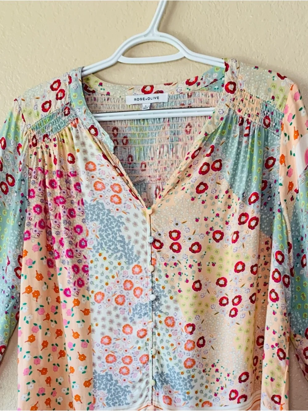Rose & Olive Floral Mixed Media Smocked Cottagecore Boho Blouse Size L - Picture 4 of 8